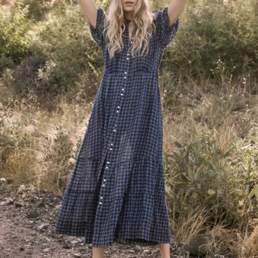 Doen Plaid Midi Button Short Sleeve Dress NWOT